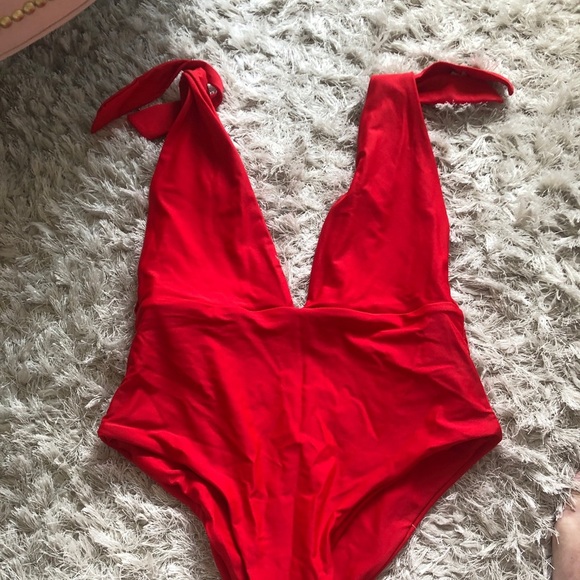 Red Plunging V One Piece Swimsuit - Picture 1 of 4